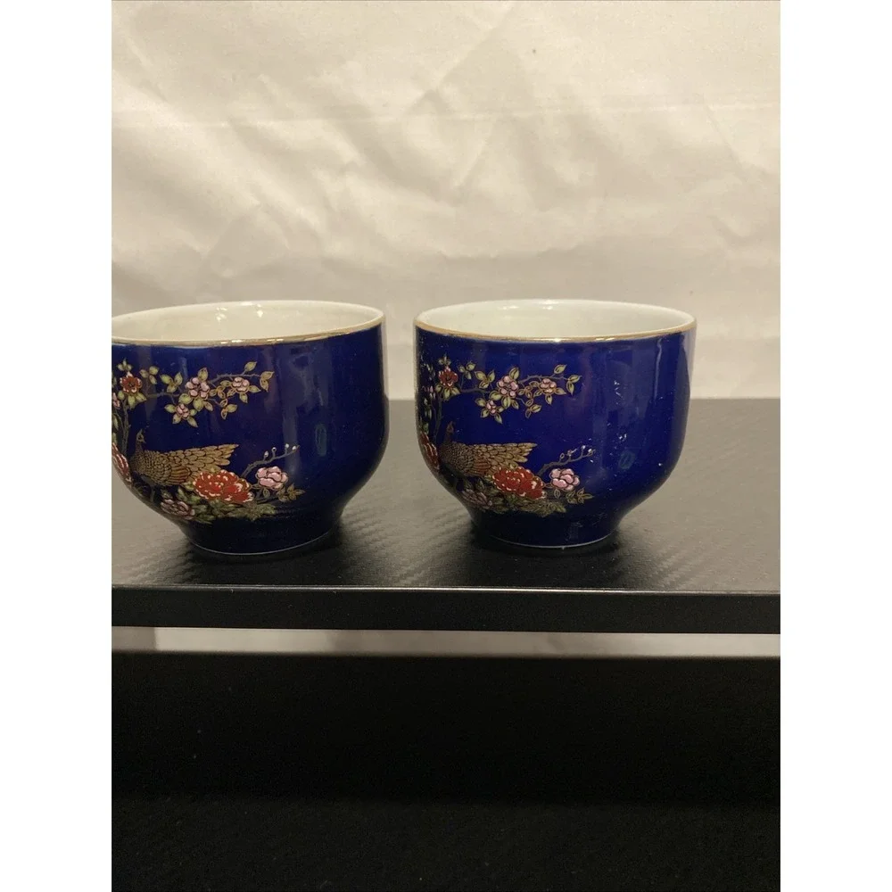 Set Of 2 Japanese Blue Porcelain Peacock Tea Cups